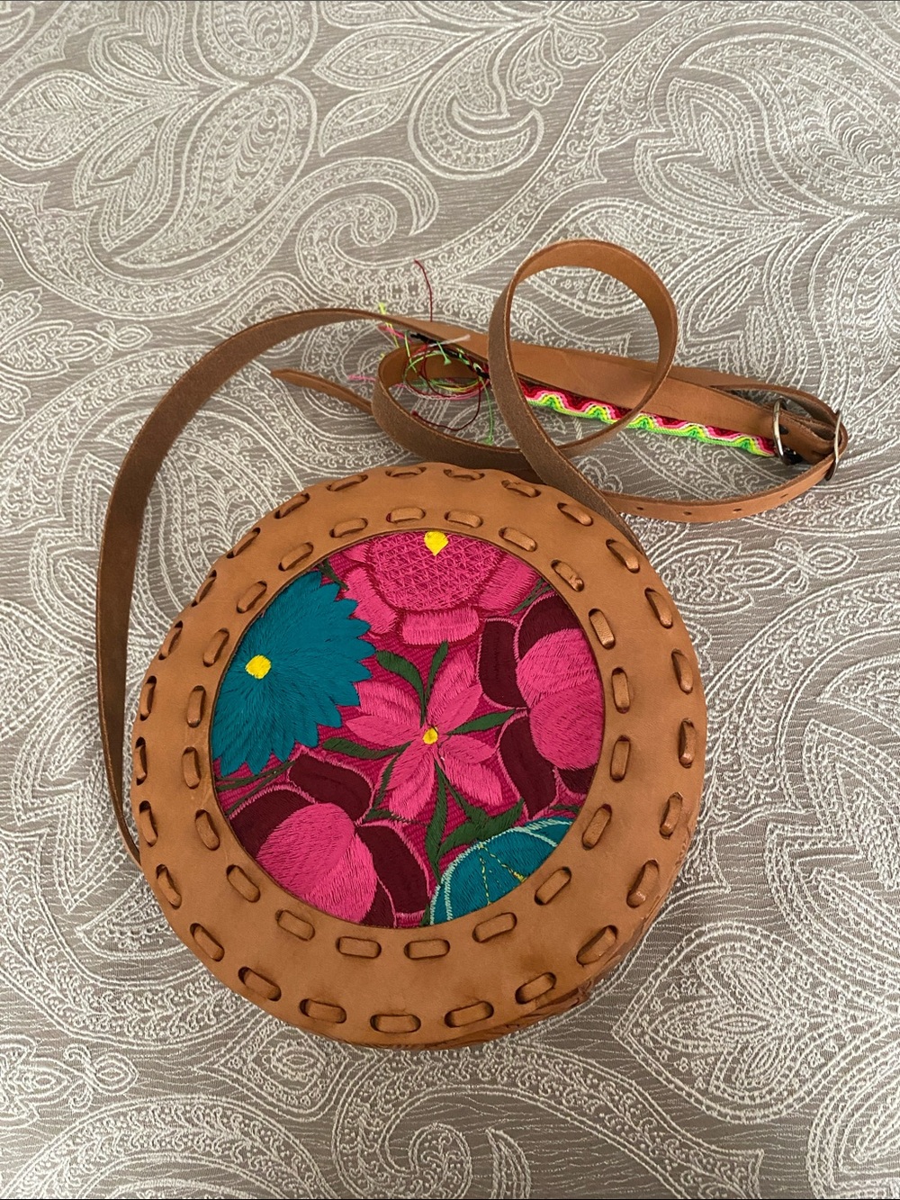 Round Brown Leather Crossbody Bag with Pink & Teal Floral Embroidery